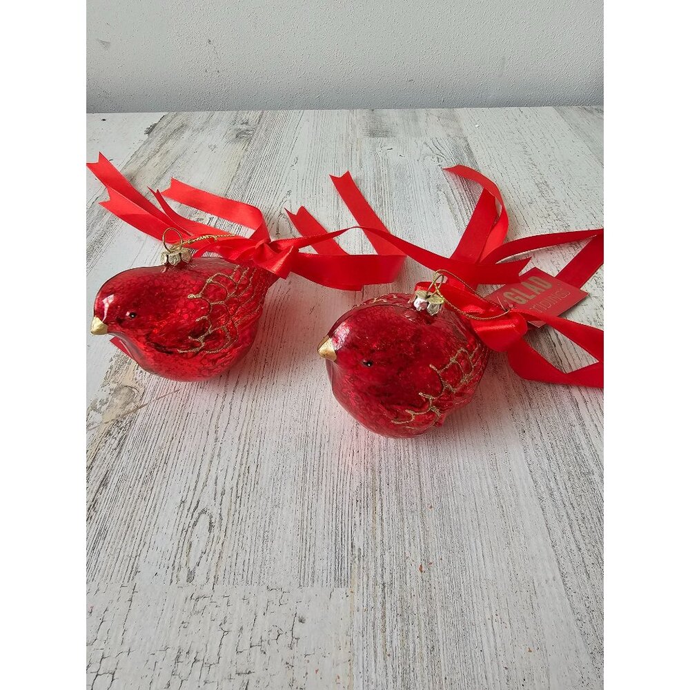 Glass Cardinal ornament bird glitter gold set ribbon Xmas‎ tree